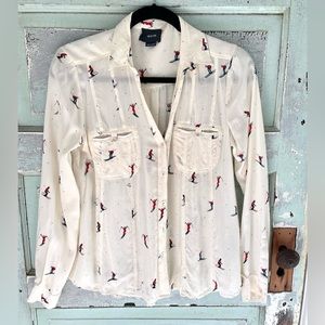 Maeve lightweight US 6 small roomy button down Shirt Blouse tiny skiers print